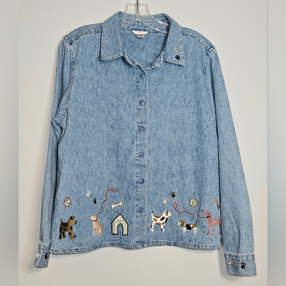 Christopher & Banks Denim Embroidered Dog Motif Jacket,  Sz XL